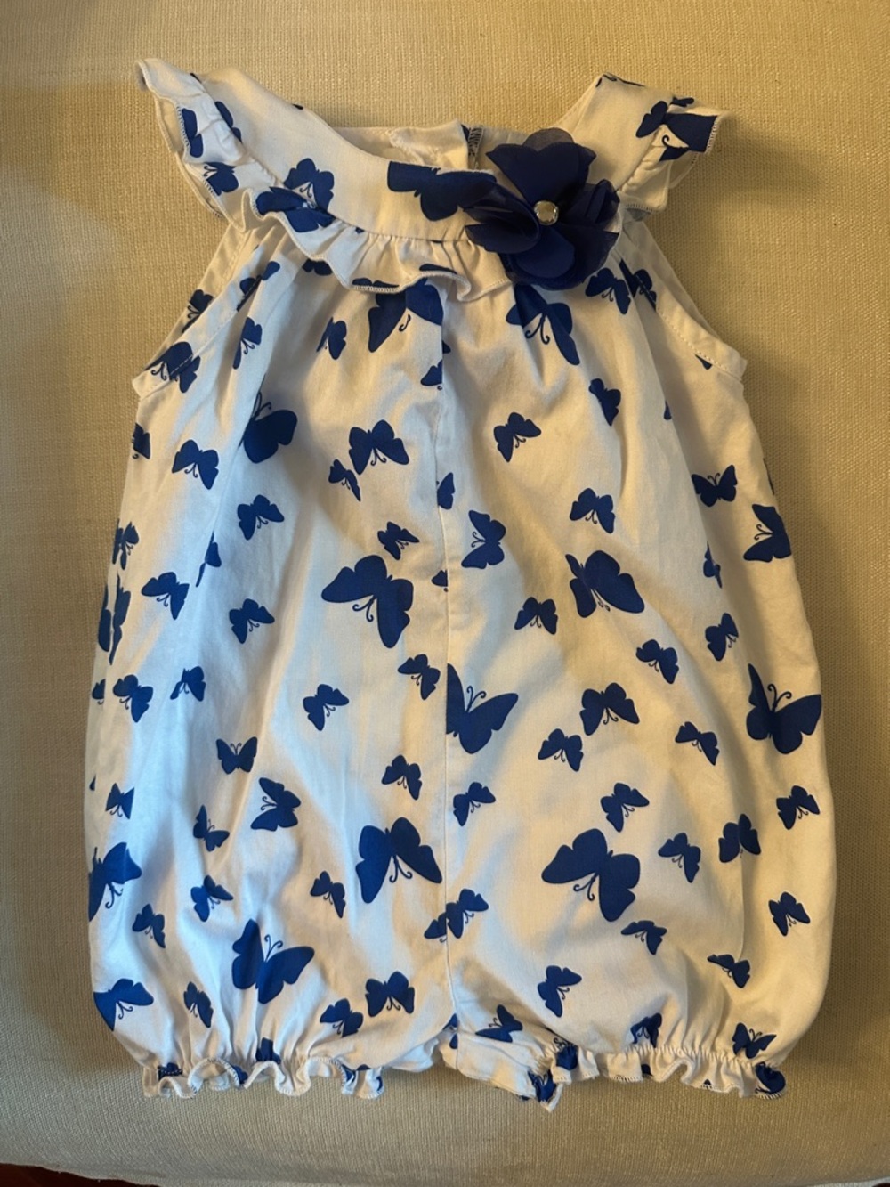Good Lad White Romper with Blue Butterfly Print
